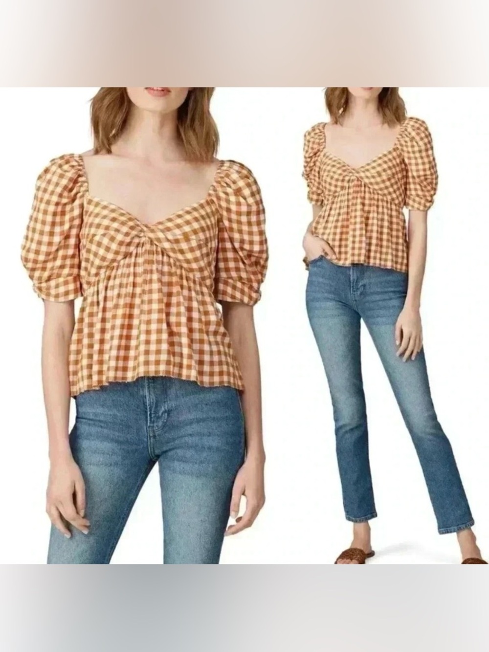 Saylor Puff Sleeve Gingham Top Size Small Brown & White Short Sleeve